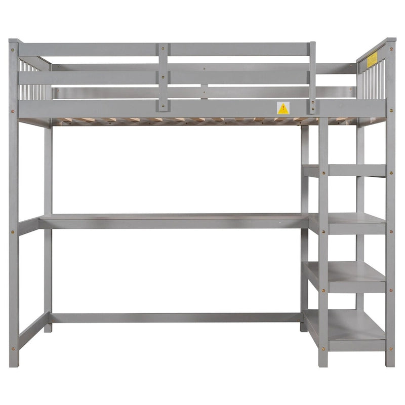 Lit mezzanine gris avec étagères de rangement et bureau sous le lit