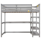 Lit mezzanine gris avec étagères de rangement et bureau sous le lit