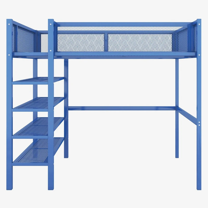 Lit mezzanine en métal pleine grandeur avec étagères à 4 niveaux, poste de travail et garde-corps pleine longueur