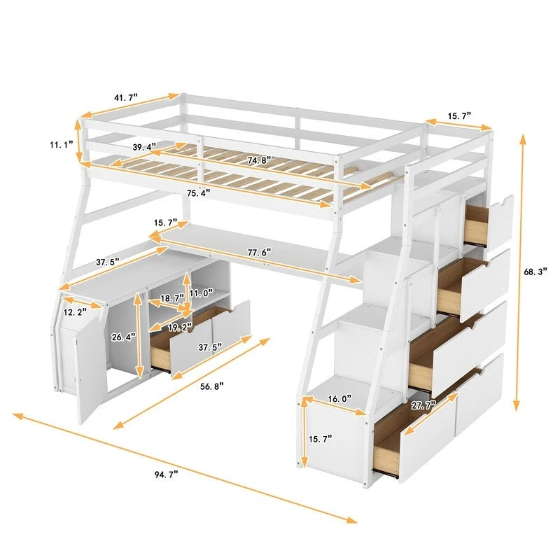 Lit mezzanine une place avec 7 tiroirs, 2 étagères et bureau