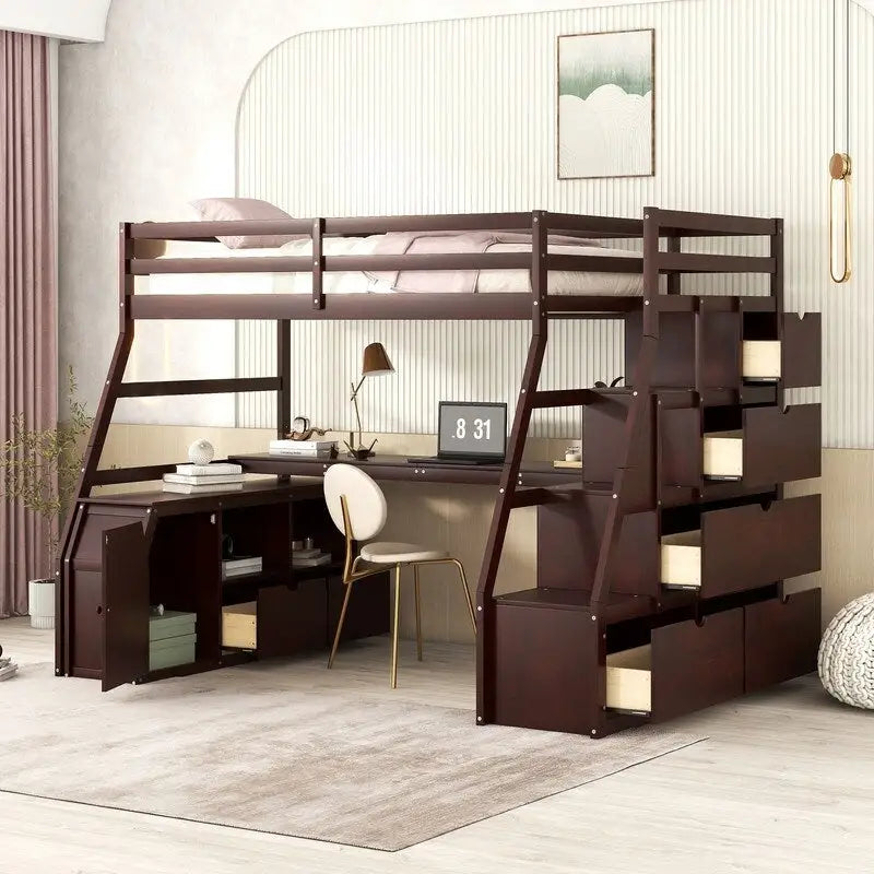 Lit mezzanine une place avec 7 tiroirs, 2 étagères et bureau