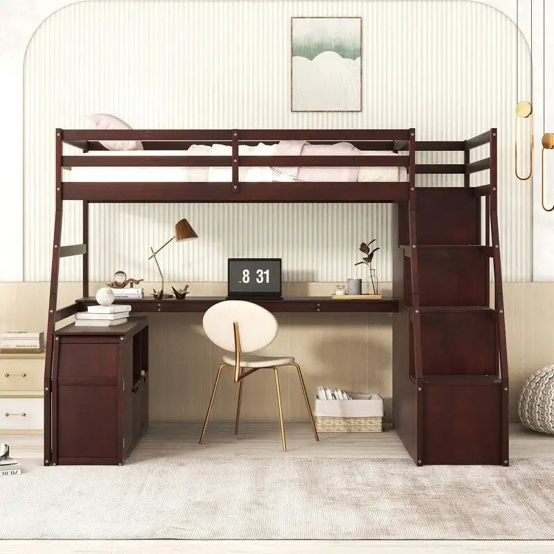 Lit mezzanine une place avec 7 tiroirs, 2 étagères et bureau