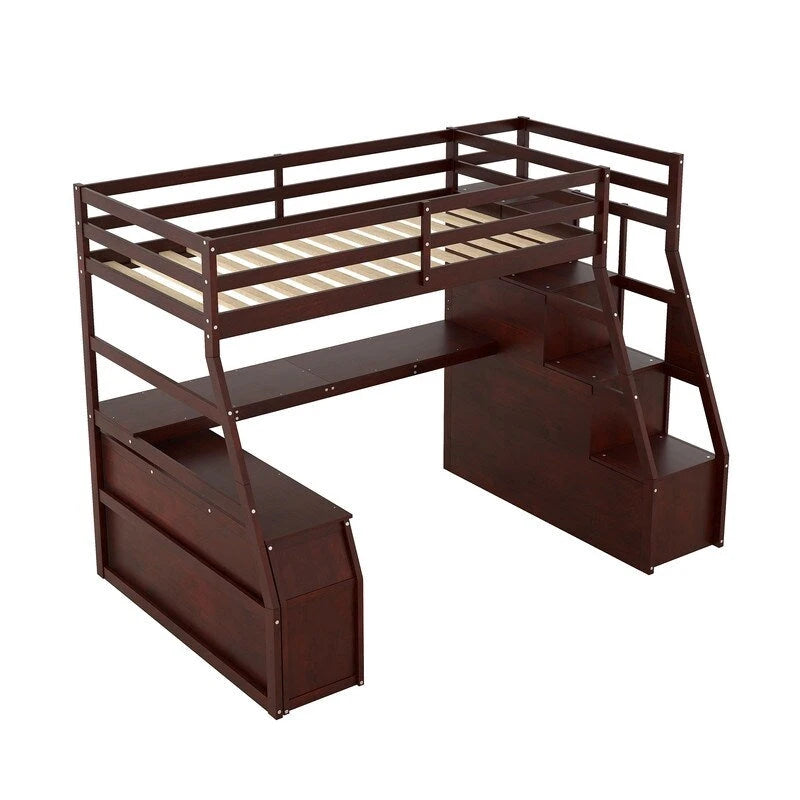 Lit mezzanine une place avec 7 tiroirs, 2 étagères et bureau
