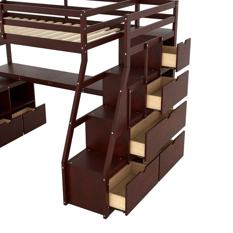Lit mezzanine une place avec 7 tiroirs, 2 étagères et bureau