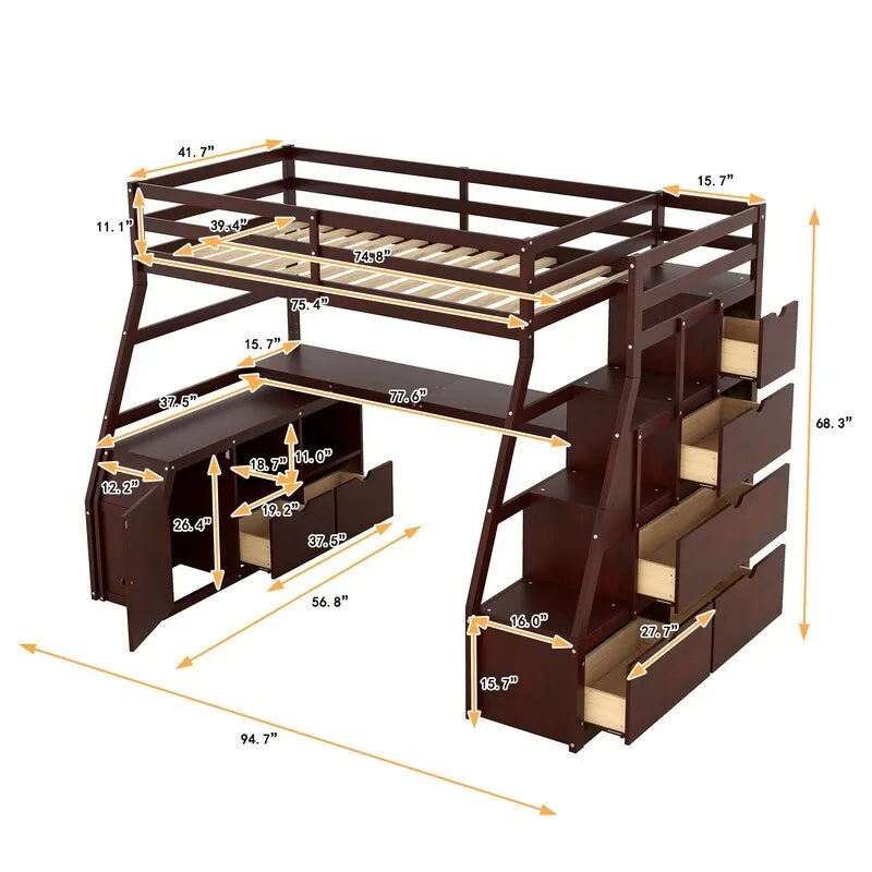 Lit mezzanine une place avec 7 tiroirs, 2 étagères et bureau