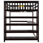 Lit mezzanine en bois massif expresso avec bureau intégré, étagères de rangement et barrières de sécurité stables