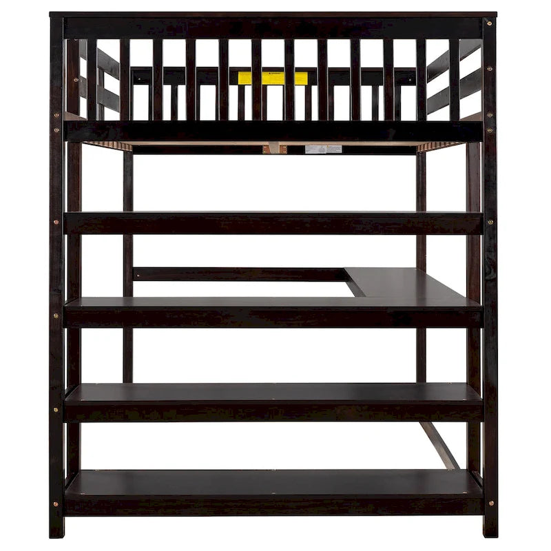 Lit mezzanine en bois massif expresso avec bureau intégré, étagères de rangement et barrières de sécurité stables