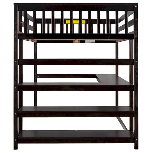 Lit mezzanine en bois massif expresso avec bureau intégré, étagères de rangement et barrières de sécurité stables