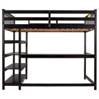 Lit mezzanine en bois massif expresso avec bureau intégré, étagères de rangement et barrières de sécurité stables