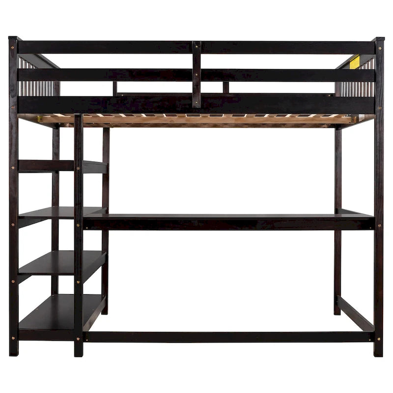 Lit mezzanine en bois massif expresso avec bureau intégré, étagères de rangement et barrières de sécurité stables