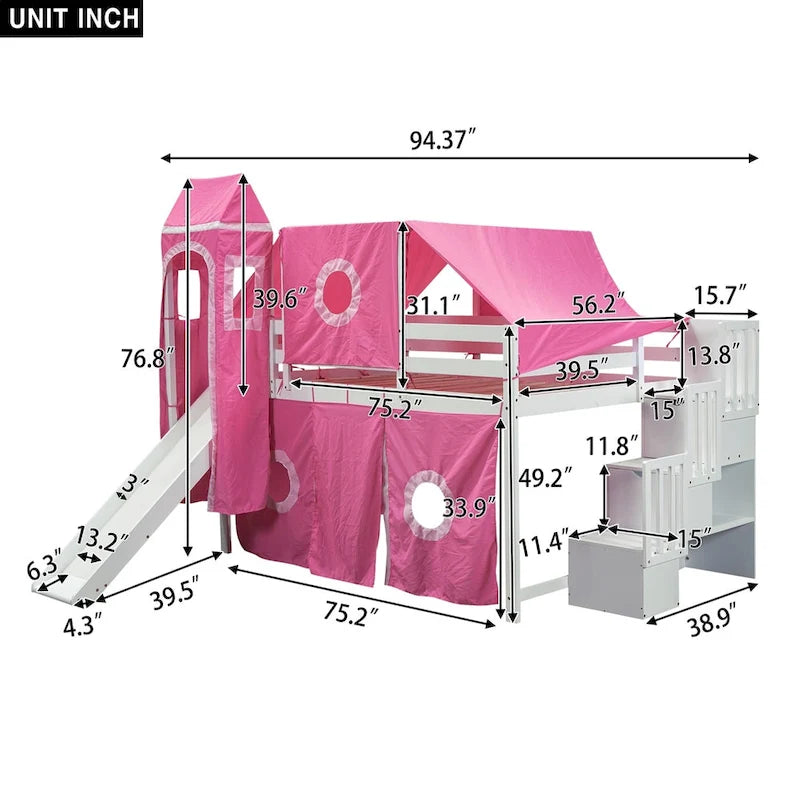 Lit mezzanine Merax double/simple avec tente et tour