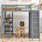 Gray Full Size Loft Bed with Wardrobe and Desk and Shelves