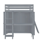 Lit mezzanine double gris avec armoire, bureau et étagères