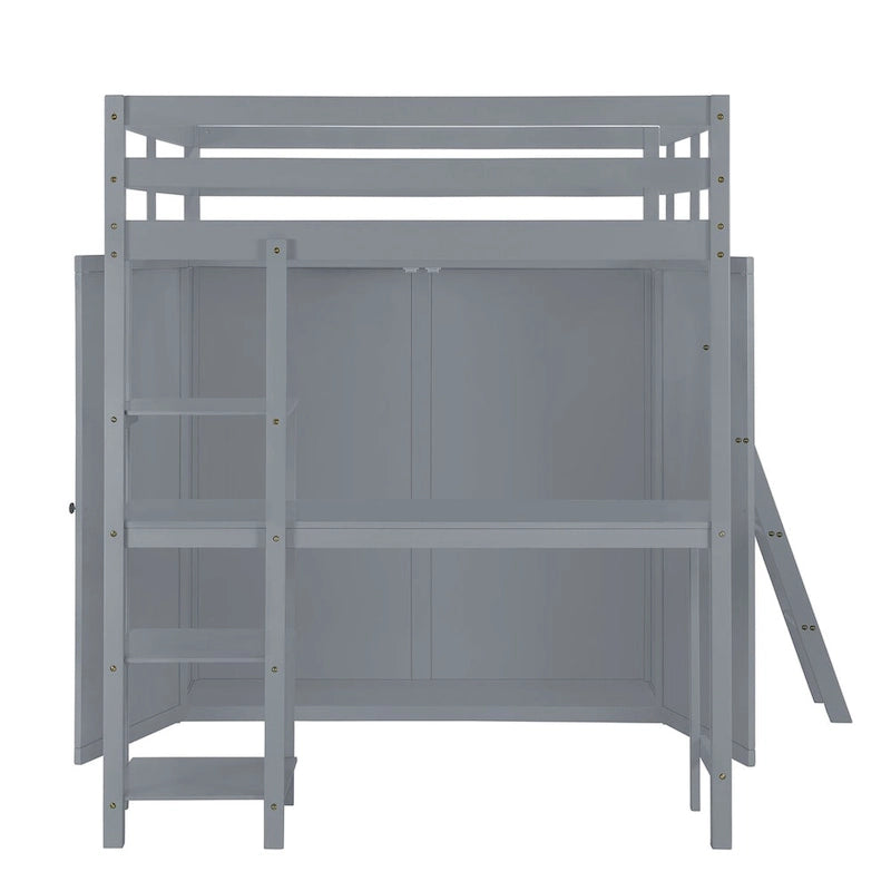 Lit mezzanine double gris avec armoire, bureau et étagères