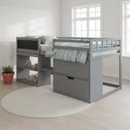 Gray Twin Size Low Loft Bed with Rolling Desk and Storage Drawers