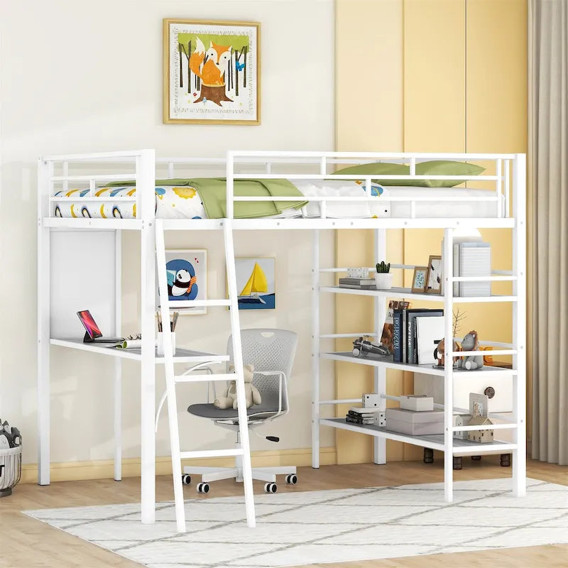 Lit mezzanine en métal de taille double avec 3 étagères et un bureau