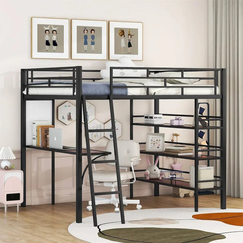 Lit mezzanine en métal de taille double avec 3 étagères et un bureau