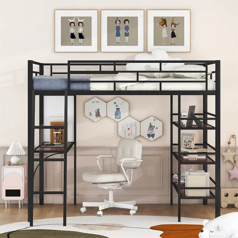 Lit mezzanine en métal de taille double avec 3 étagères et un bureau