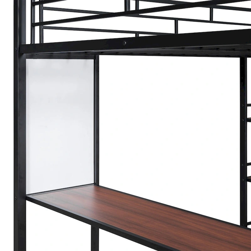 Lit mezzanine en métal de taille double avec 3 étagères et un bureau