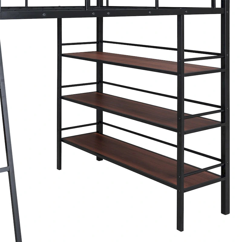 Lit mezzanine en métal de taille double avec 3 étagères et un bureau