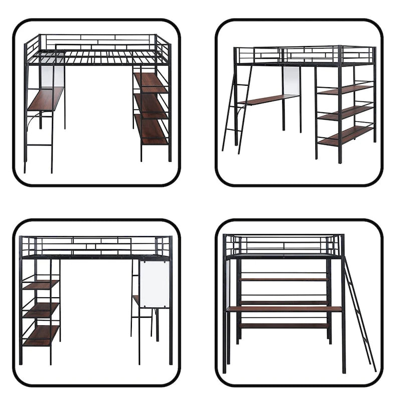 Lit mezzanine en métal de taille double avec 3 étagères et un bureau