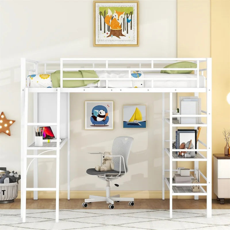 Lit mezzanine en métal de taille double avec 3 étagères et un bureau