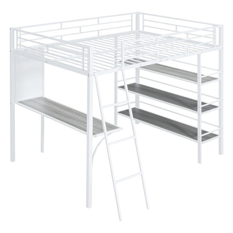 Lit mezzanine en métal de taille double avec 3 étagères et un bureau