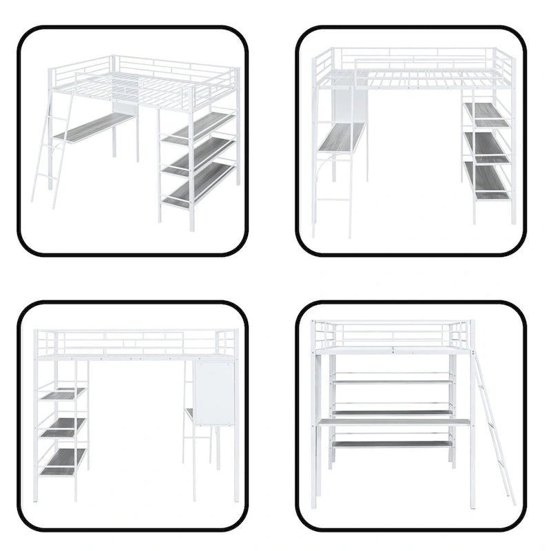 Lit mezzanine en métal de taille double avec 3 étagères et un bureau