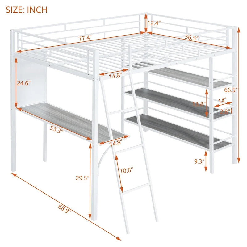 Lit mezzanine en métal de taille double avec 3 étagères et un bureau