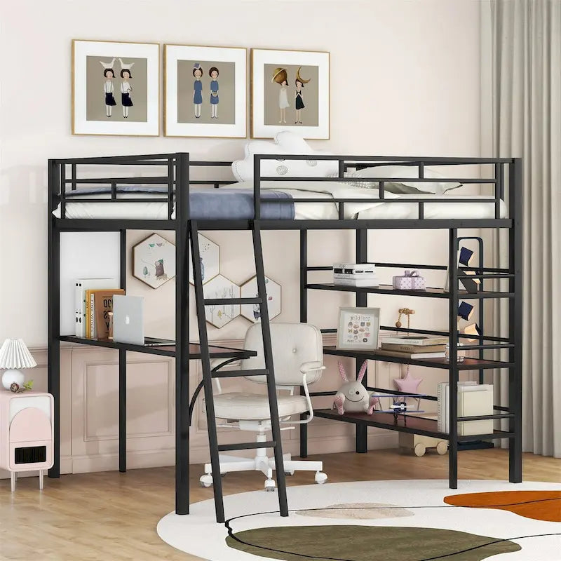 Lit mezzanine en métal de taille double avec 3 étagères et un bureau