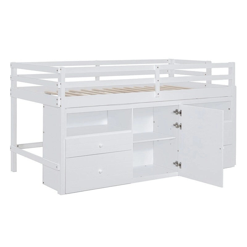 Twin Size Loft Bed with 4 Drawers, Underneath Cabinet and Shelves