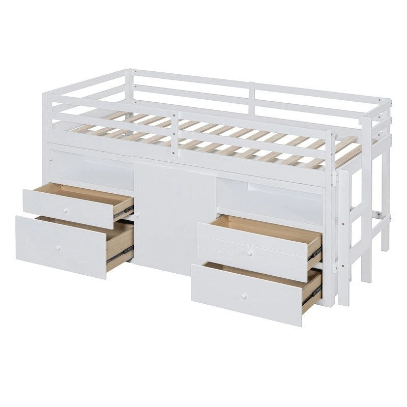 Lit mezzanine une place avec 4 tiroirs, placard et étagères