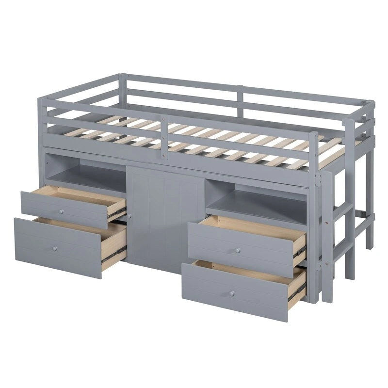 Lit mezzanine une place avec 4 tiroirs, placard et étagères