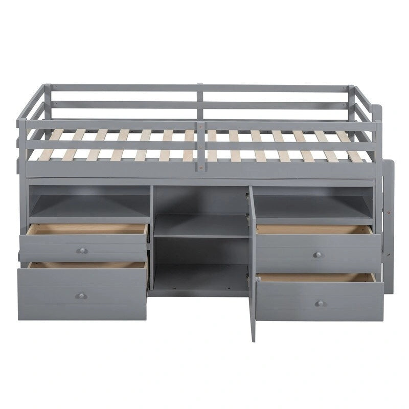 Lit mezzanine une place avec 4 tiroirs, placard et étagères