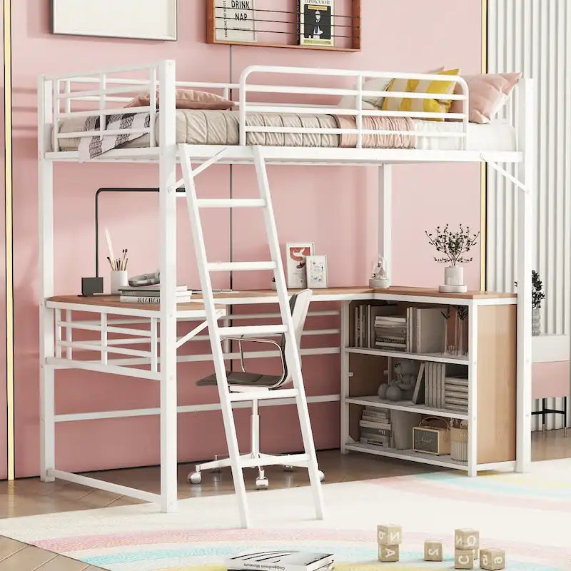 Lit mezzanine double en métal avec 3 étagères et bureau en forme de L
