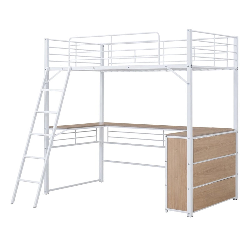 Lit mezzanine double en métal avec 3 étagères et bureau en forme de L