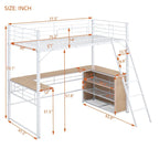 Lit mezzanine double en métal avec 3 étagères et bureau en forme de L