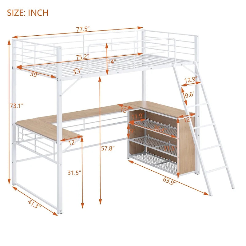 Lit mezzanine double en métal avec 3 étagères et bureau en forme de L