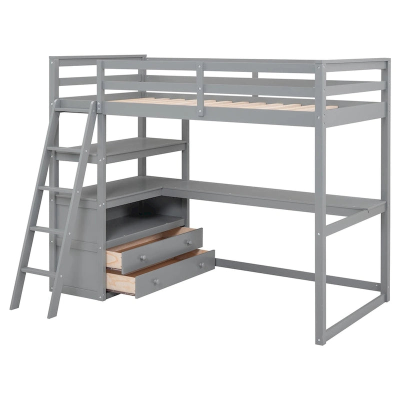 Lit mezzanine simple avec bureau et étagères, deux tiroirs intégrés