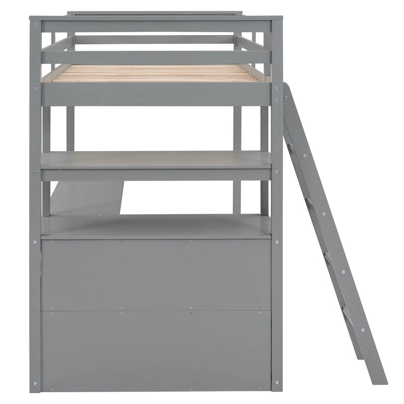 Lit mezzanine simple avec bureau et étagères, deux tiroirs intégrés