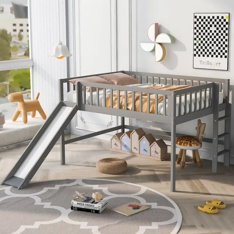 Full Size Low Loft Bed Frame for Boys Girls Kids Adults Toddler for Boys Girls Kids Adults Toddler with Ladder and Slide