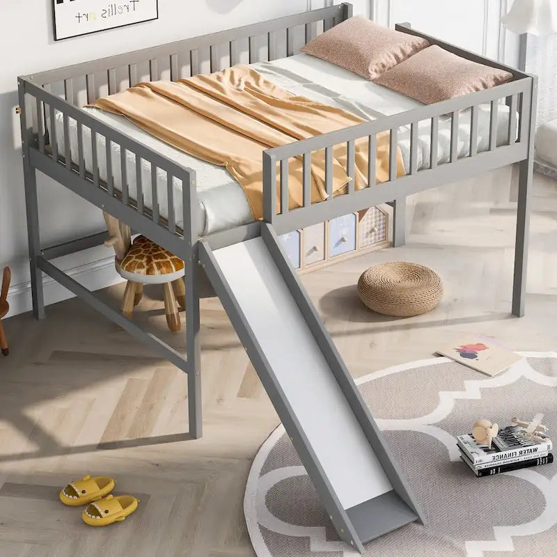 Cadre de lit mezzanine bas pleine grandeur pour garçons filles enfants adultes tout-petits avec échelle et toboggan