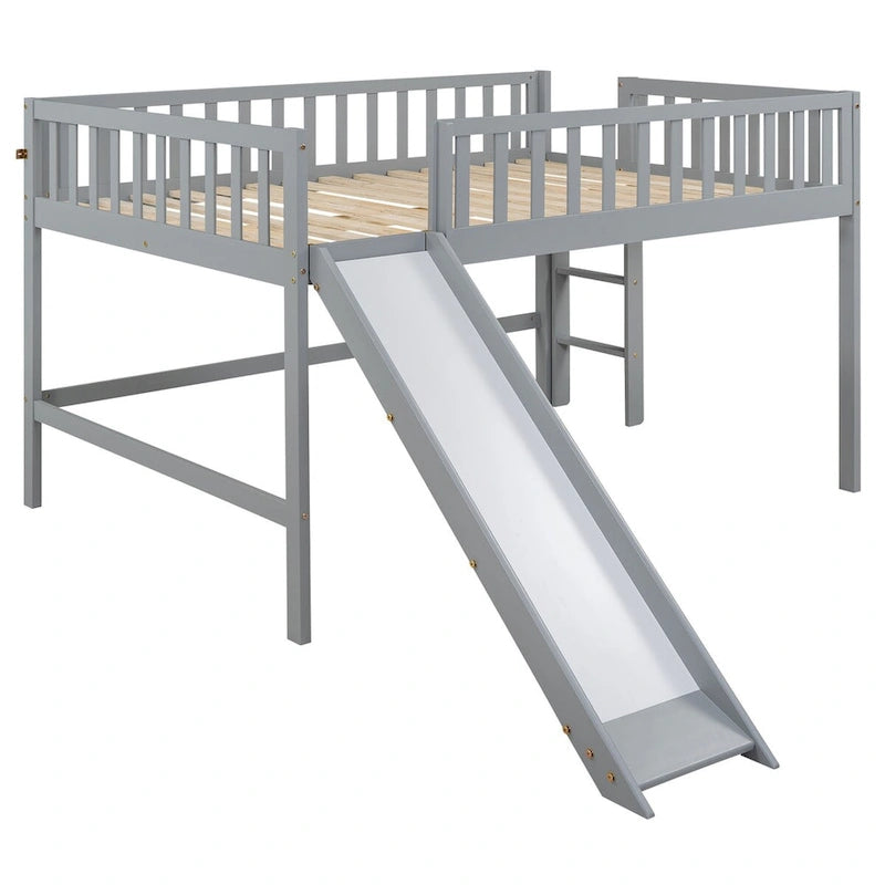 Cadre de lit mezzanine bas pleine grandeur pour garçons filles enfants adultes tout-petits avec échelle et toboggan