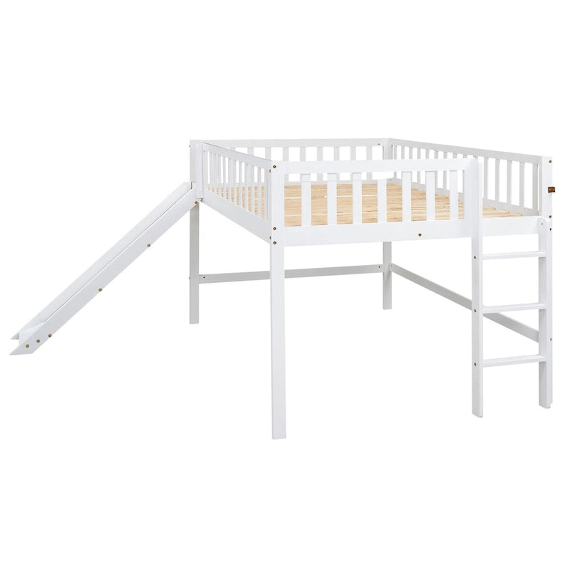 Cadre de lit mezzanine bas pleine grandeur pour garçons filles enfants adultes tout-petits avec échelle et toboggan