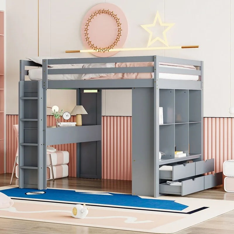 Lit mezzanine en bois pleine grandeur avec grandes étagères, bureau et éclairage LED