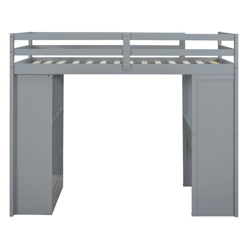 Lit mezzanine en bois pleine grandeur avec grandes étagères, bureau et éclairage LED