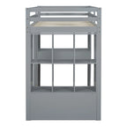 Lit mezzanine en bois pleine grandeur avec grandes étagères, bureau et éclairage LED