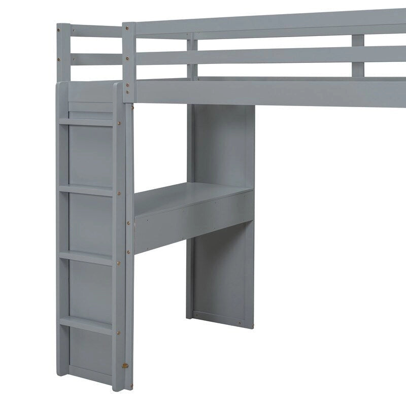 Lit mezzanine en bois pleine grandeur avec grandes étagères, bureau et éclairage LED