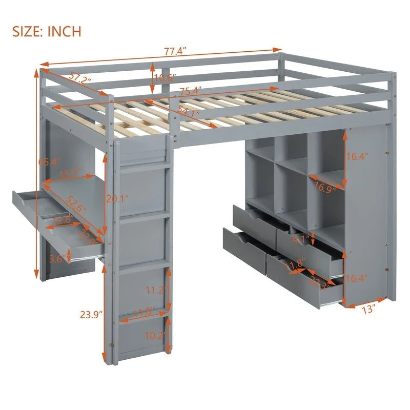 Lit mezzanine en bois pleine grandeur avec grandes étagères, bureau et éclairage LED