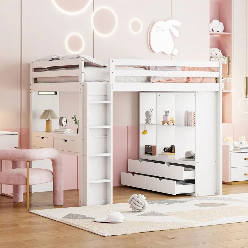 Lit mezzanine en bois pleine grandeur avec grandes étagères, bureau et éclairage LED